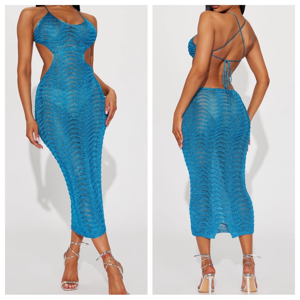 🦋 Crochet Knit Cover Up Dress Turquoise Sz Small